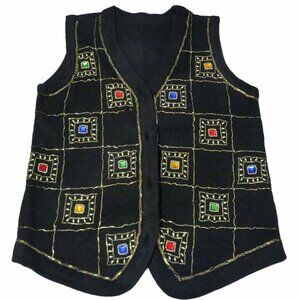 Vintage Knit Black Vest Beads & Gemstones - No Size - See Measurements - SM-MED?